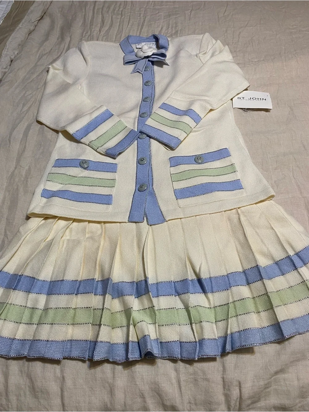 St. John Cream Knit Cardigan & Pleated Skirt with Blue and Mint Trim